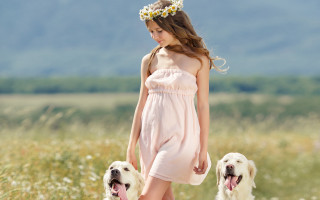 Girl dress dogs field mountains - two dog free wallpaper