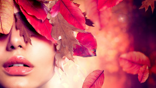 Woman red leaves red lipstick - red leaf free wallpaper