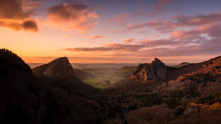Sunset valley mountains clouds trees 2 - widescreen free wallpaper for desktop