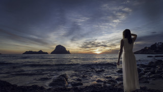 Woman white dress beach sunset 4 - a rocky beach free wallpaper