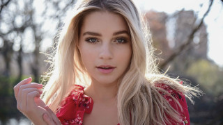 Blonde woman red dress park - kai carpenter free wallpaper