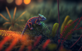 Chameleon branch night autumn bokeh - ultra realistic digital art free wallpaper