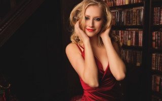 Red dress blonde woman library - a bookcase free wallpaper