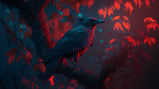 Bird red leaves fire glow - a dark forest free wallpaper