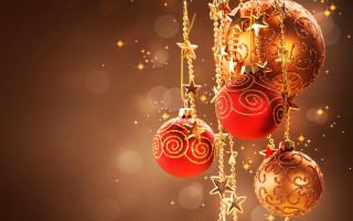 Christmas ornaments hanging brown background - a string free wallpaper