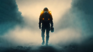 Man gas mask foggy sky - sci fi free wallpaper