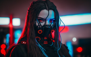 Cyberpunk woman gasmask redlights glowing - a gas mask free wallpaper