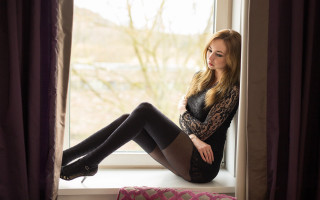 Woman sitting window blonde highheels - the window sill free wallpaper