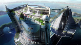 Futuristic city bridge buildings water - a futuristic city free wallpaper