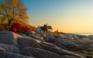 House rocky shore tree sunset - a house free wallpaper