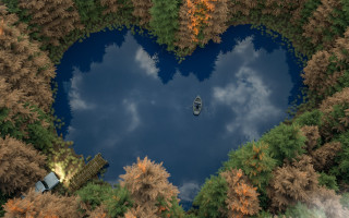 Heart shaped lake boat evening - floating free wallpaper
