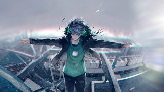 Man standing staircase rain outstretched - feng zhu free wallpaper