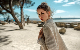 Woman beach tree water bridge - christabel dennison free wallpaper