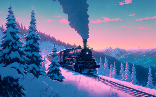 Snowy forest train pink sky - a train traveling free wallpaper
