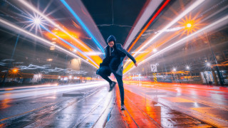 Skateboarder wet night city lights - wet free wallpaper for desktop