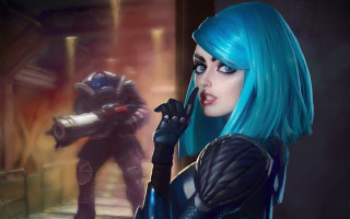 Eve ryder blue hair robot - her hand and a man in a suit free wallpaper