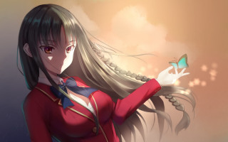 Woman long hair butterfly red - a butterfly free wallpaper