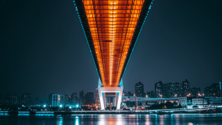 Tall building cyberpunk bridge cityscape - symmetric free wallpaper