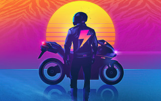 Motorcycle sunset mountains retrofuturism synthwave - synthwave style free wallpaper