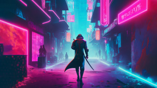 Neon city cyberpunk man coat - cyberpunk free wallpaper