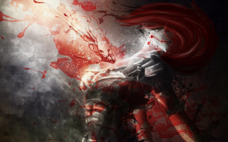 Red haired woman blood streaks - her face and chest free wallpaper