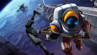 Cartoon space suit weapon planet - a spaceship in the background free wallpaper