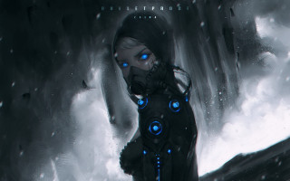 Futuristic woman blue eyes hooded - a snowy landscape free wallpaper