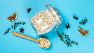 Oatmeal jar wooden spoon dried - product photography free wallpaper