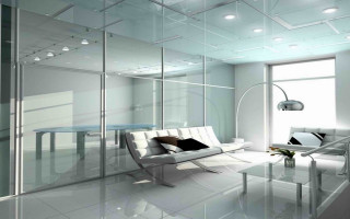 Modern livingroom glasswall whitecouch whitetable - light and space free wallpaper for desktop