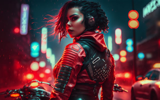 Woman red leather rain motorcycle 2 - cyberpunk style free wallpaper