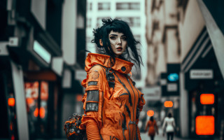 Orange outfit cyberpunk woman street - a handbag free wallpaper