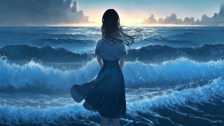Woman ocean waves sunset dawn - cyril rolando free wallpaper