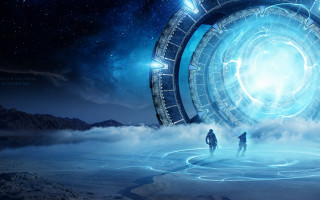 Two people blue object sky - free sci-fi wallpaper