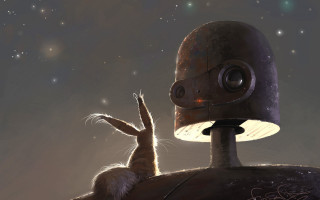 Rabbit robot astronaut aurora night - its leg free wallpaper