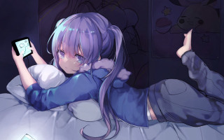 Anime girl bed cellphone cat - her hand and a cat free wallpaper