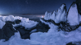 Night shoreline snow ice moon - snow and ice free wallpaper