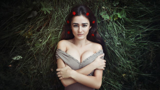 Woman flowers crossed arms nature - a field of grass free wallpaper