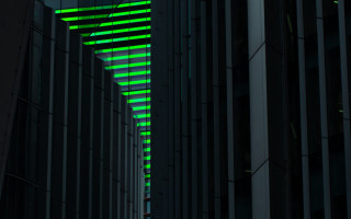 Cyberpunk building green light clock - modular free wallpaper for desktop