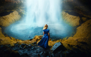 Woman blue dress waterfall rainbow - a rainbow in the background free wallpaper