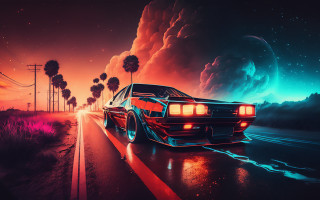 Night sky palm trees rocket - outrun free wallpaper for desktop