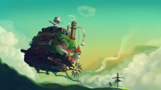 House hill sky clouds person - ghibli free wallpaper