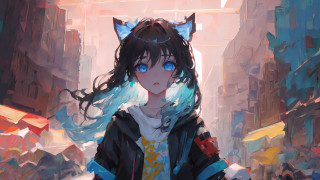 Anime girl blue eyes cat - graffiti free wallpaper