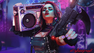 Woman boombox gun cyberpunk synthwave - artgerm free wallpaper