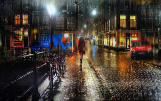Night street umbrella bike cityscape - arie smit free wallpaper