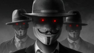 Men hats red eyes dystopian - free cyberpunk wallpaper