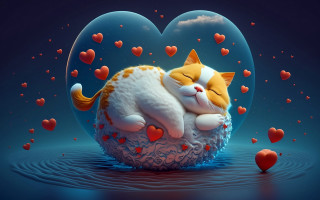 Sleeping cat heart floating hearts - balloon free wallpaper