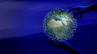 Globe hands blue background hologram - technology free wallpaper for desktop