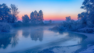 River frozen bank trees sunset - hue free wallpaper