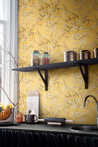 Kitchen yellow wall black counter - top free wallpaper for mobile