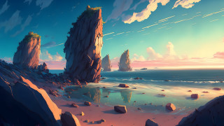 Beach rocks water sky clouds 2 - a painting of a beach free wallpaper